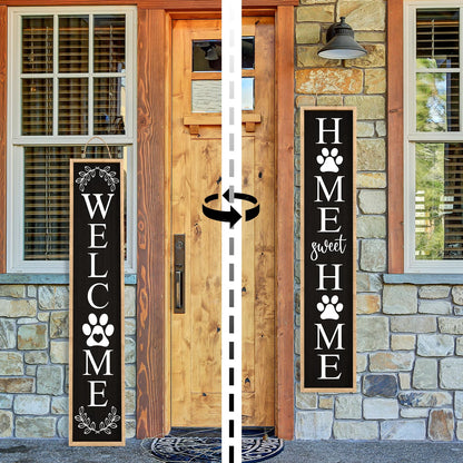 Aurapeak Outdoor Welcome Sign for Front Porch Door Decor, Home Sweet Home Sign Door Outside Standing Large 2 Sided Dog Paw Farmhouse Modern Wooden Frame Vertical Leaner (45"X9" Wood Black)