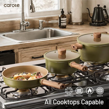 CAROTE 21pcs Ceramic Cookware Set Nonstick Pots and Pans set, Induction Cookware Set Kitchen Cooking Sets, Pot and Pan Non Stick w/Frying pan (PFOS, PFOA Free), Green