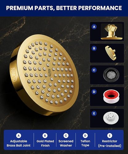 GURIN Shower Head - Powerful High Pressure Rain Shower Head 6 Inch - Luxury Rainfall Showerhead with Adjustable Angles, 90 Anti-Clog Nozzles, Tool-Free 1-Min Install, Premium Gold Plated Finish
