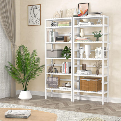 Homykic 6-Tier Bamboo Bookshelves and Bookcases, Adjustable 63.4”Tall Shallow Book Shelf Organizer Rack, Freestanding Storage Shelving Unit for Living Room, Kitchen, Bathroom, Office, White