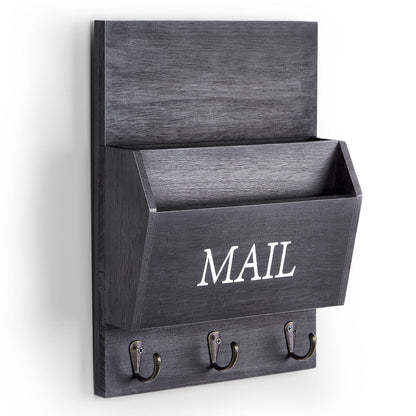 DLQuarts Mail Organizer with Key Holder for Wall, Mail Sorter Wall Mounted, Decorative Wooden Key and Mail Holder with 3 Hooks, Black