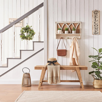 HOKYHOKY Farmhouse Solid Wood Entryway Bench – 43.4 Inches Rustic Long Bench, Dining Bench with Angled Legs, Hand-Finished Natural Grain, for Foyer, Hallway, Bedroom