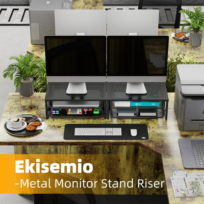 Ekisemio 2-Pack 2-Tier Monitor Stand Riser with Drawer, Metal Computer Desk Organizer for Home Office, Black
