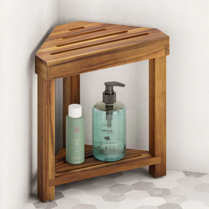 BLUEWEST 16.4" Corner Shower Stool with Storage Shelf, Acacia Wood Shower Foot Rest for Shaving Legs, Small Water-Resistant Bathroom Bench for Inside Shower, Wooden Bath Seat for Small Shower Spaces