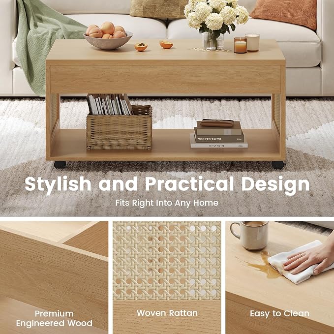 Sikaic Lift Top Coffee Table with Storage, Boho Rattan Convertible Coffee Tables with Lockable Wheels, Hidden Compartment and Open Shelf, Center Table for Living Room, Bedroom, Dining Room, Natural