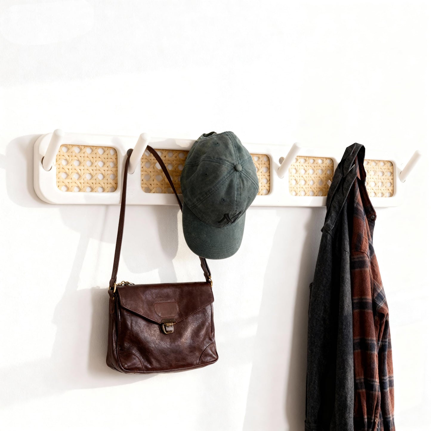 Shamgzuu Coat Rack Wall Mount, Rattan Coat Hooks Hanger Wall Mounted, 6 Heavy Duty Bamboo Hooks Rack Rail for Hanging Clothes Hats Bags Jacket Towels Plants, White (White)