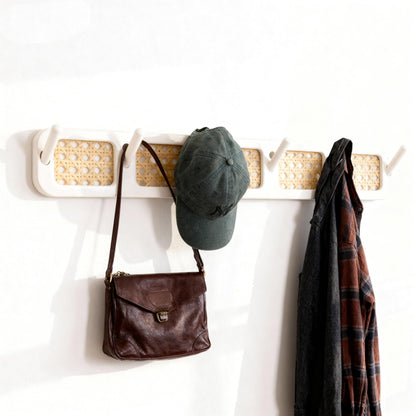 Shamgzuu Coat Rack Wall Mount, Rattan Coat Hooks Hanger Wall Mounted, 6 Heavy Duty Bamboo Hooks Rack Rail for Hanging Clothes Hats Bags Jacket Towels Plants, White (White)