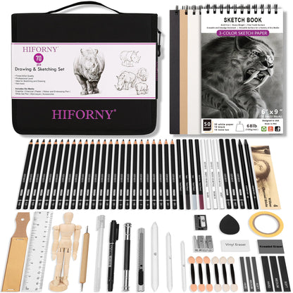 HIFORNY 70 PCS Drawing Set Sketching Kit,Sketch Pencils Art Supplies with Graphite,Charcoal,Blending Tools & Accessories,Portable Zippered Travel Case for Artists & Beginners