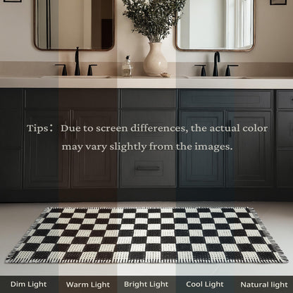 MatEssenz Checkered Runner Rug 2'x4', Black and White Waffle Weave Long Bathroom Rug with Tassels, Non-Slip & Quick Dry Bath Mat for Double Vanity & Kitchen, Machine Washable Boho Decor