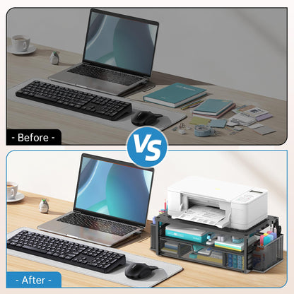 SUPEASY Printer Stand for Desk with Storage, 2-Tier Metal Monitor Stand Riser with Drawer and 2 Pen Holders, Multifunctional Desktop Organizer for Home Office Desk Accessories, Black