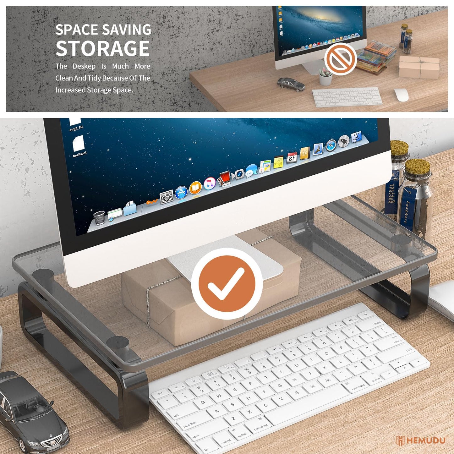 Hemudu Computer Monitor Stand Riser Multi Media Desktop Stand for Flat Screen LCD LED TV, Laptop/Notebook, with Tempered Glass and Metal Legs, Black HD02B-001U