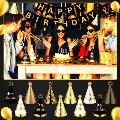 Patelai 25 Pcs Black and Gold Birthday Party Set: 1 black and gold Banner, 3 Glasses, 10 Whistles, 11 Cone Hats for Birthday Party Decoration