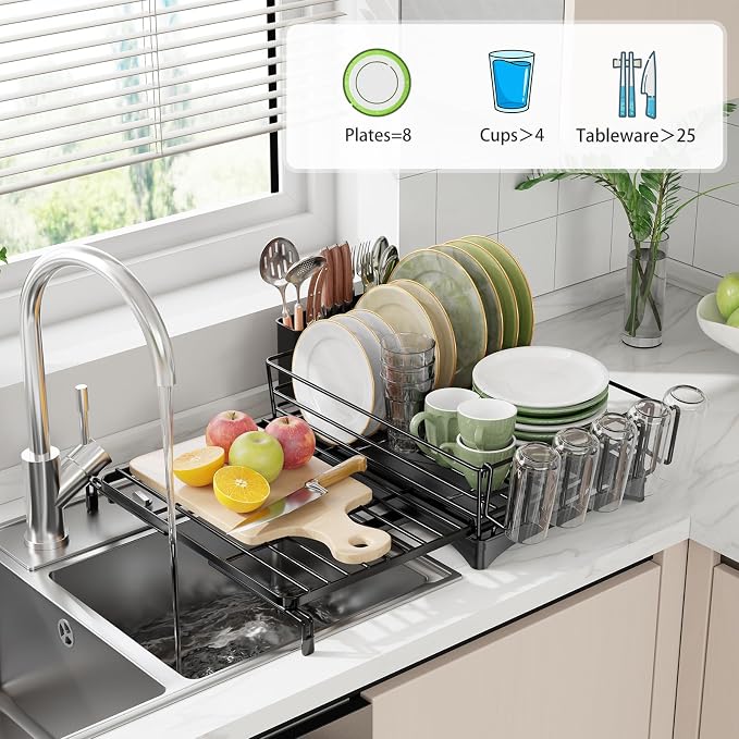 Ekisemio Expandable Dish Drying Rack with Utensil Holder & Drip Tray, Black | Ekisemio 12.7"-21.7" Expandable Dish Rack | 360° Swivel Spout | Steel Frame | Dual Utensil Holder | Tool-Free | Anti-Slip