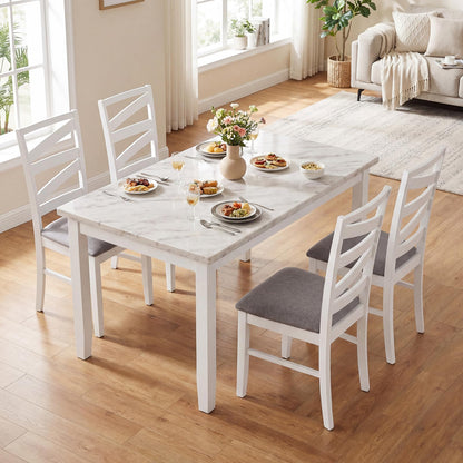Giantex Dining Chairs Set of 4, Kitchen Chairs with Tall Backrests, Linen Fabric Upholstered Seats and Rubber Wood Frames, Farmhouse Style Side Chairs for Dining Room, Living Room, White + Grey