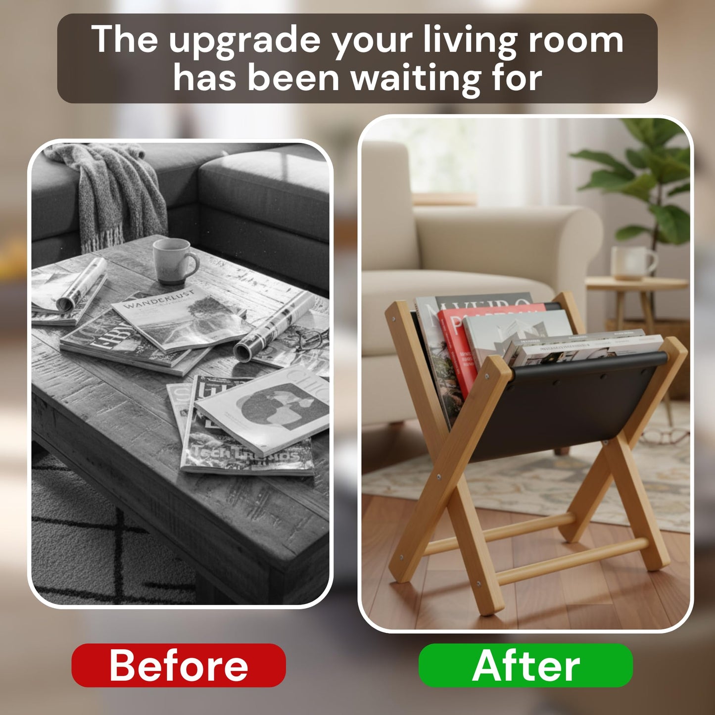 Craftilux Premium Leather Magazine Holder - Wooden Magazine Rack Floor Standing - Brochure Holder and Book Display Stand - Modern Magazine File Holder & Newspaper Rack for Home, Bathroom, Office Decor