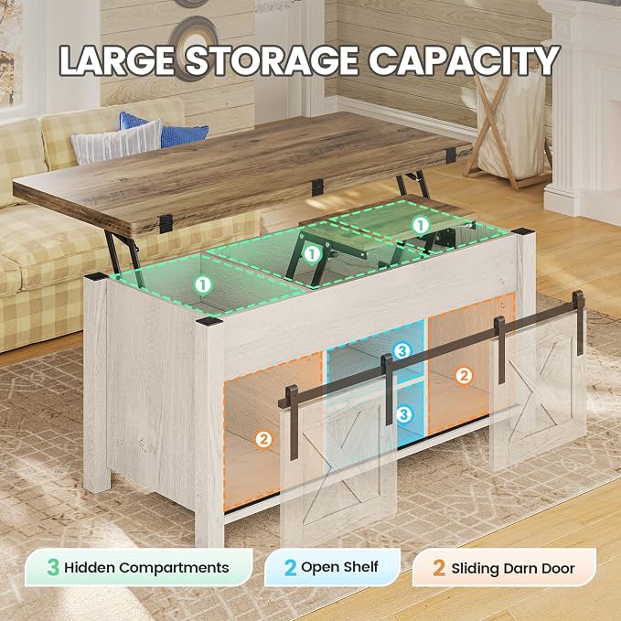 SEDETA Lift Top Coffee Table, 4 in 1 Multi-Function Convertible Coffee Tables with Storage and Hidden Compartment, Farmhouse Coffee Table Converts to Dining Table for Living Room, Brown Top