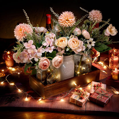 LIOZLIOLY Farmhouse Mason Jar Centerpiece with LED Lights and Artificial Flowers – Rustic Dining Table Decoration with Wooden Tray, Perfect for Kitchen, Living Room, Bathroom, or Coffee Table Decor