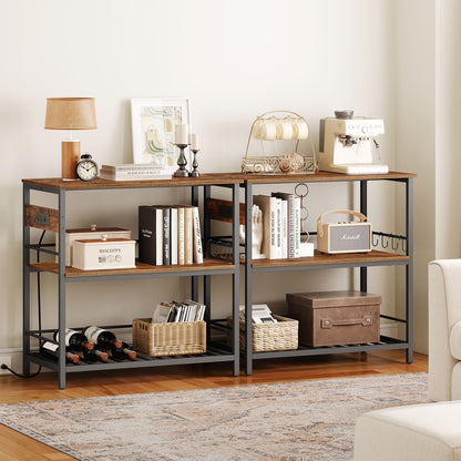 HOOBRO Kitchen Island with Storage, Kitchen Island Table with Power Outlet, 47.2" L 3 Tier Kitchen Counter and Microwave Stand, for Home, Kitchen and Dining Room, Rustic Brown and Black BF120UZD01