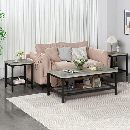 AWQM Coffee Table Set of 3, Industrial Coffee Table with 2 Square End Side Tables, Modern Living Room Table Set with Metal Frame for Apartment Home Office, Grey