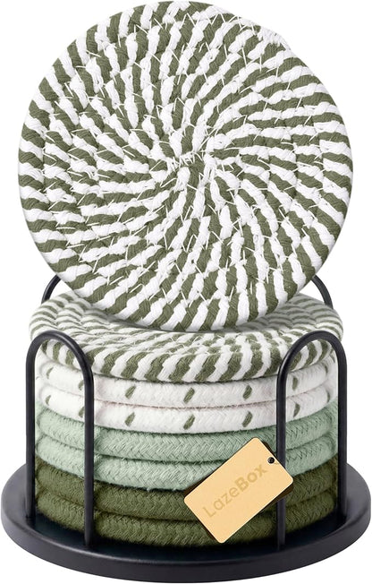 Lazebox Coasters Set of 8 for Drinks, 4 Inch Large Coasters for Coffee Table, Tabletop Protection for Hot & Cold Drinks, Versatile Coasters for Home Decor, Non-Slip & Easy to Clean, Olive Green