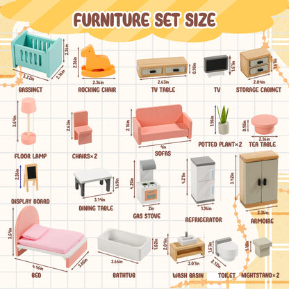 Wooden Dollhouse Furniture Set，Miniature Doll Furniture Accessories with 5 Rooms,for Kitchen, Living Room, Bedroom, Bathroom, Babyroom,Pretend Play Furniture for Toddlers 3 4 5 6 Years Old
