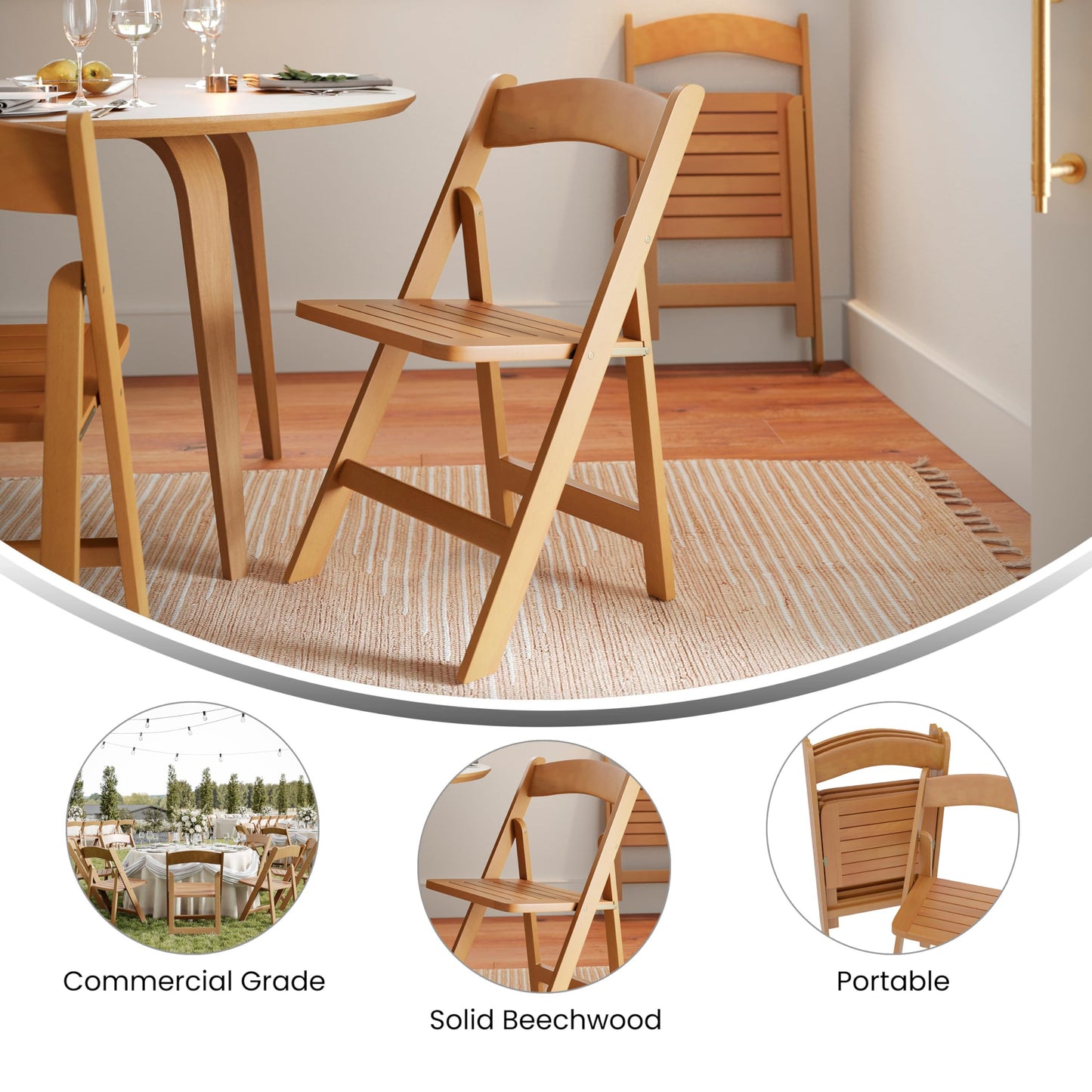 Flash Furniture Holden Commercial Solid Wood Dining Chair, Foldable Design, Solid Beechwood Frame, Curved Back, Mortise and Tenon Construction, Oak