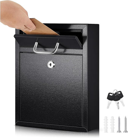 Yaocom Locking Mailbox with Key for Outdoor 10 x 7 x 3 Inches Small Wall Mount Mail Box with Lock Security Mail Drop Metal Collection Boxes Hanging Secure Postbox(Black)
