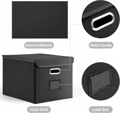 File Organizer Box, Linen Filing Organizer with Lid, Large Desktop File Boxes, Black,2 Pack