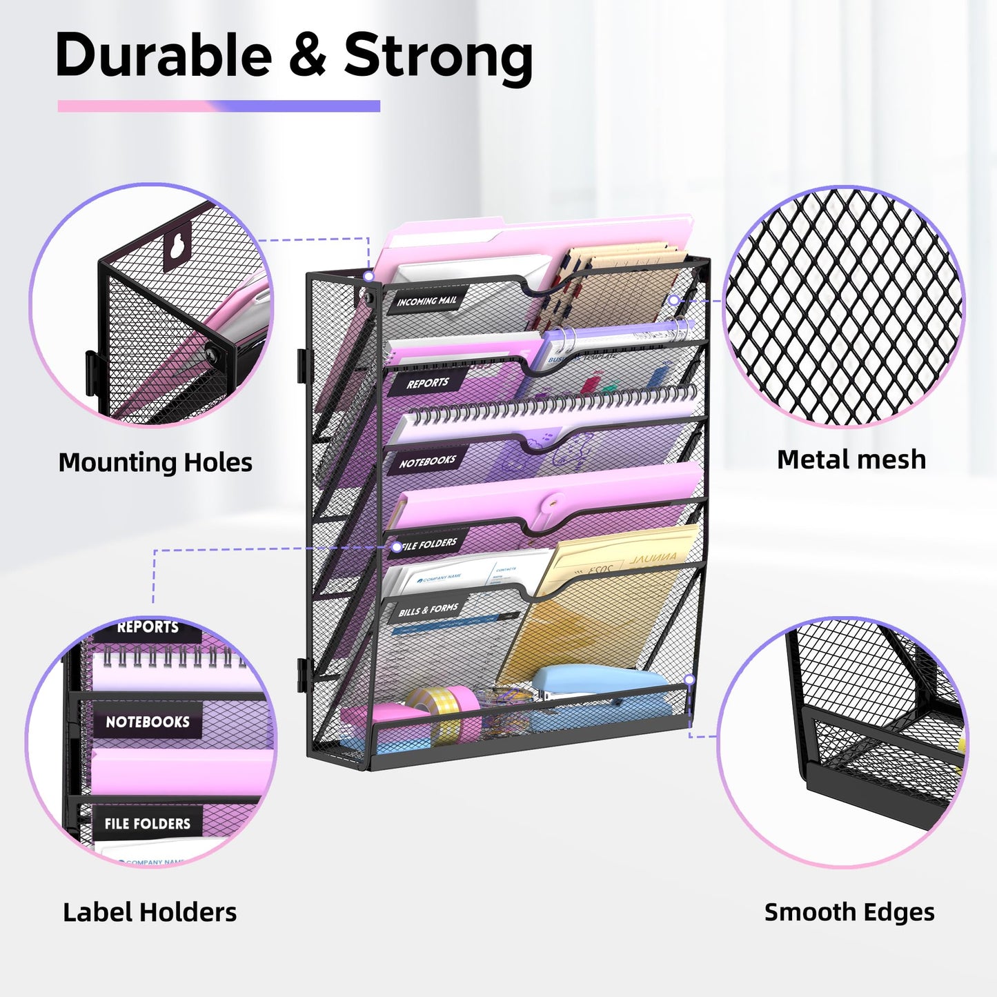 SUPEASY 6 Tier Wall File Organizer with Base, Vertical Hanging File Organizer, Wall Mounted File Holder for Mail, Documents & Folders, Metal Mesh Wall Organizer for Office Home School Classroom, Black