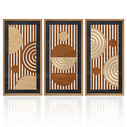 IARTTOP 3Pcs Mid Century Modern Wall Decor Framed Geometric Wood Wall Art Set Minimalist Abstract Line Panel Hanging Decor for Living Room Bedroom Office 8 x 16 Inch