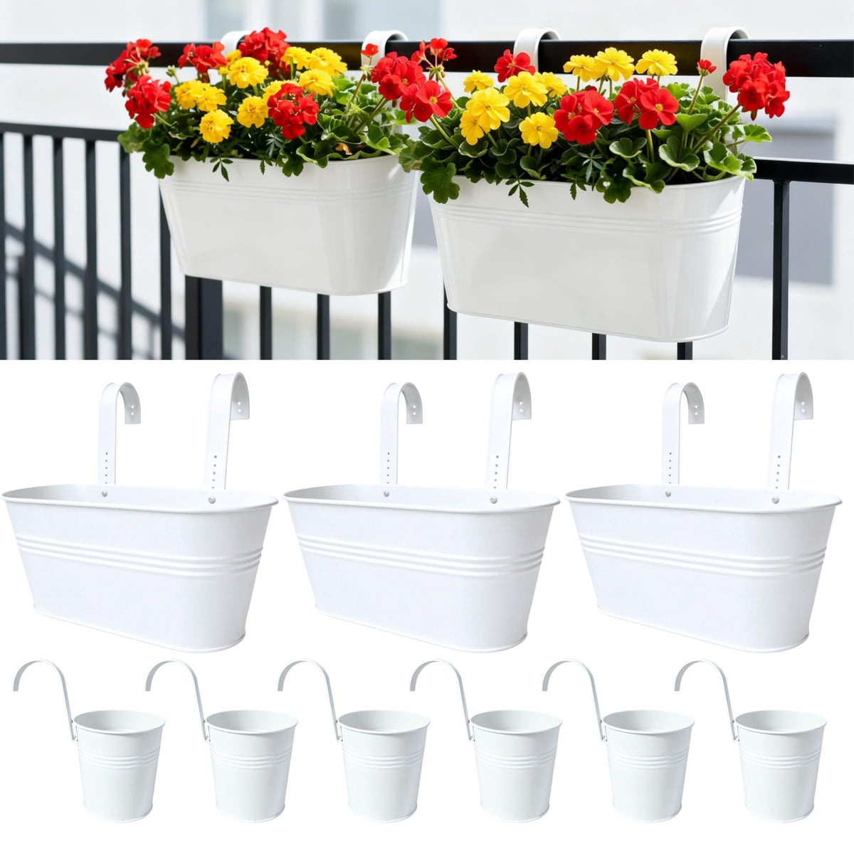 LaLaGreen 11.8 Inch Rail Planter (9-PIECE Combo Set) White Metal Outdoor Railing Fence Planters, Modern Plants Hanging Balcony Gardening for Apartment Garden Style Iron Patio Flower Pots Deck Porch
