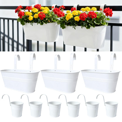 LaLaGreen 11.8 Inch Rail Planter (9-PIECE Combo Set) White Metal Outdoor Railing Fence Planters, Modern Plants Hanging Balcony Gardening for Apartment Garden Style Iron Patio Flower Pots Deck Porch