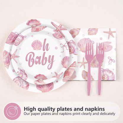 Greencian 96Pcs Under The Sea Party Supplies A Little Beach Babe Is On The Way Plates and Napkins Starfish Seashell Tableware Set for Girls Kids Under the Sea Baby Shower Party Decorations Serves 24