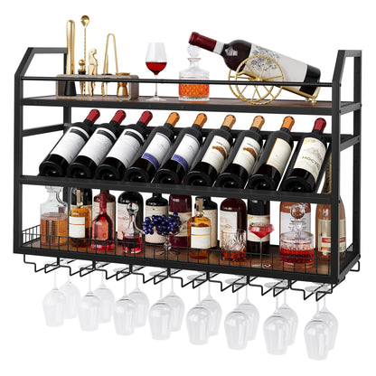 Hoctieon Wall Mounted Wine Rack, 31.5" Wall Wine Rack for Display and Storage, Hanging Bottle Holder, for Living Room, Dining Room, Bar, Wine Cellar, Rustic Brown