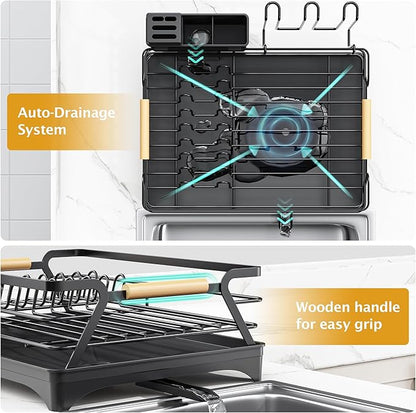 Epicano Dish Drying Rack for Kitchen Counter,Black,Large Capacity | Raised Feet,Rustproof,Wooden Handle,Auto-Drainage System,Cup Holder & Knife Slots, Sink Storage Organizer