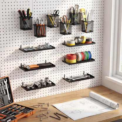 Tosstuki 12 Pack Pegboard Organizer Accessories - 6 Pegboard Pencil Cups Holder Peg Board - 6 Shelves Metal Shelf Brackets - Tools Storage Arrange System Kit for Office Garage Room
