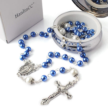 HanlinCC 6mm Glass Pearl Beads with 8mm Our Father Beads with Caps Rosary Necklace Pack in Miraculous Metal Gift Box (Blue Rosary with Miraculous Gift Box)