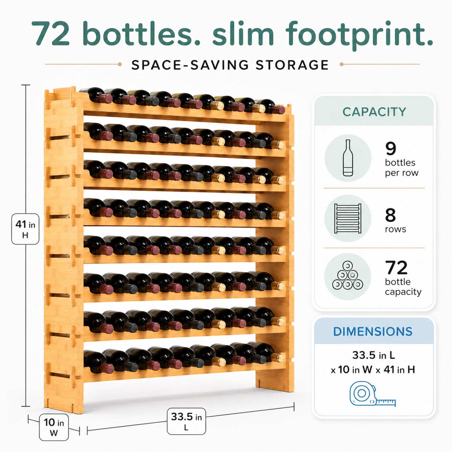 NutriChef 72 Bottle Stackable Bamboo Wine Rack, 8-Tier Modular Shelf