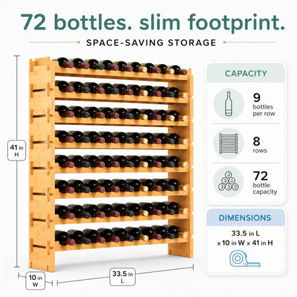 NutriChef 72 Bottle Stackable Bamboo Wine Rack, 8-Tier Modular Shelf