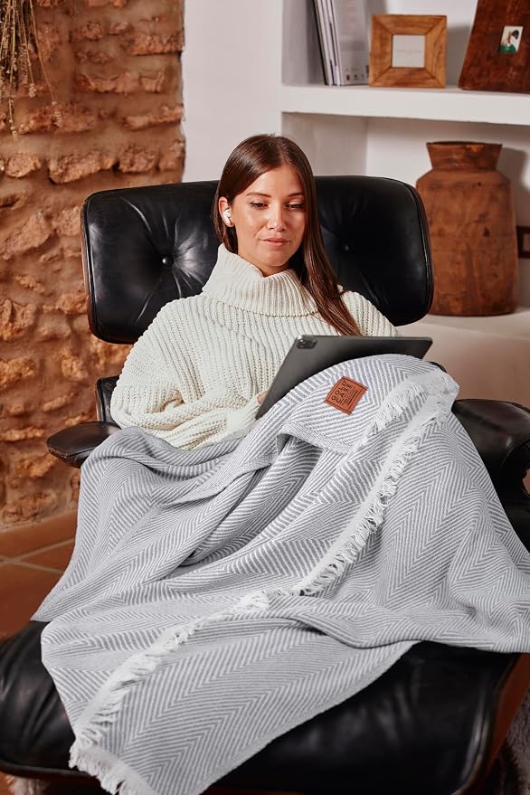 GOLD CASE HOME COLLECTION Retro 100% Recycled Cotton Grey Throw Blanket for Couch - Couch Throw Blankets - Living Room Decorative Boho Throws for Bed - Outdoor Blanket - Couch Throw Blanket - 60x80