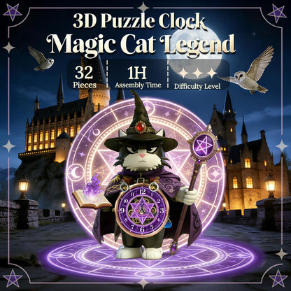 3D Wooden Puzzle Clock for Adults and Kids,Magic Cat Legend Wizard Cat 3D Stackable Design, 3D Puzzles for Adults Kids Room Home Decor, Unique Gift for DIY Enthusiasts & Fantasy Lovers