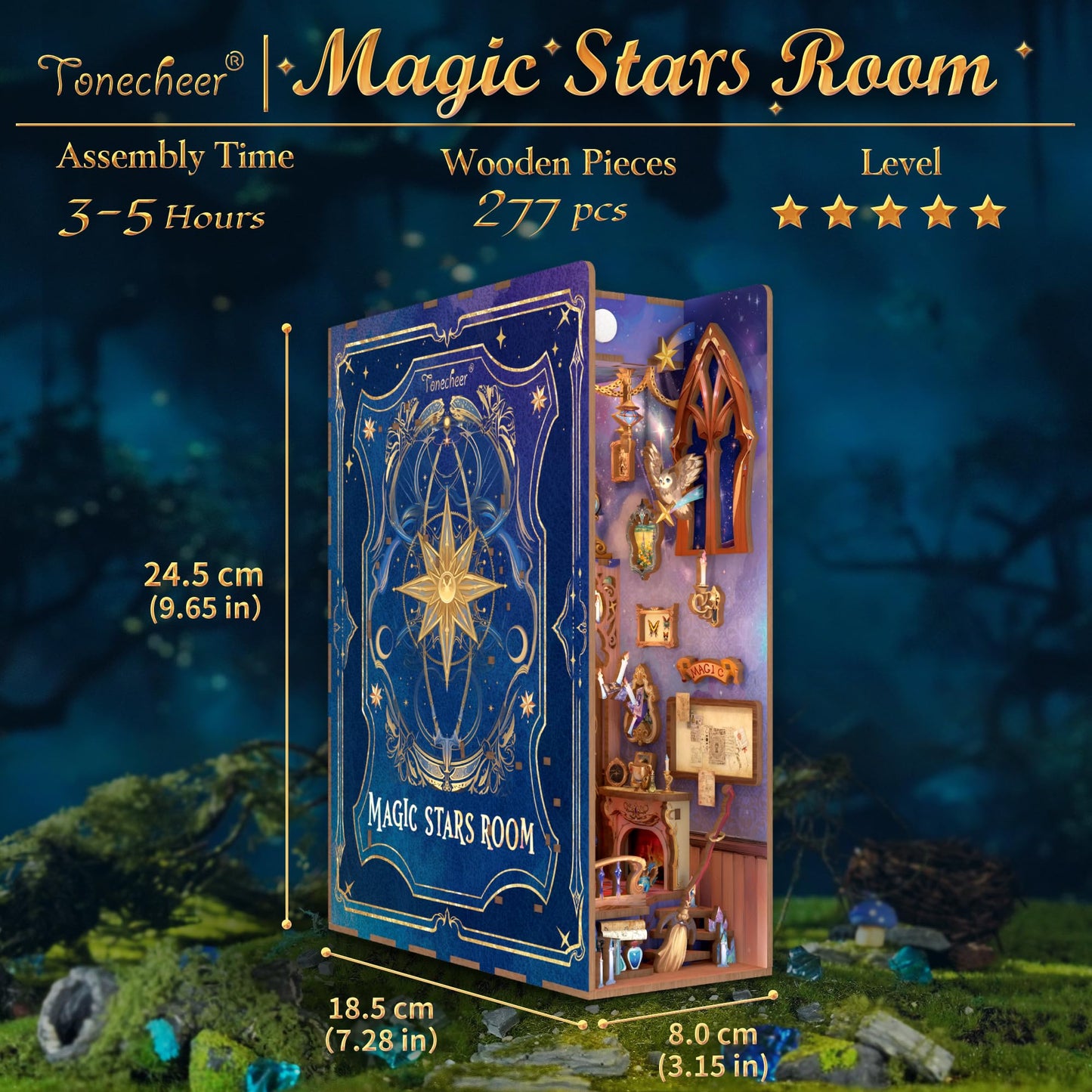 Tonecheer DIY Book Nook Kit for Adults,3D Wooden Puzzle Bookend Bookshelf Insert Library Decor, Booknook Miniature House Kit with Body Motion Sensor LED Light (Magic Stars Room)