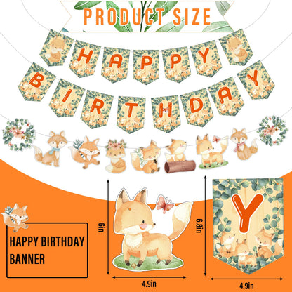 Outus 79 Pcs Fox Theme Birthday Party Decorations Woodland Fox Animal Supplies Kit Include Happy Birthday Banner Pom Pom Flowers Hanging Swirls Latex Balloons Cupcake Topper