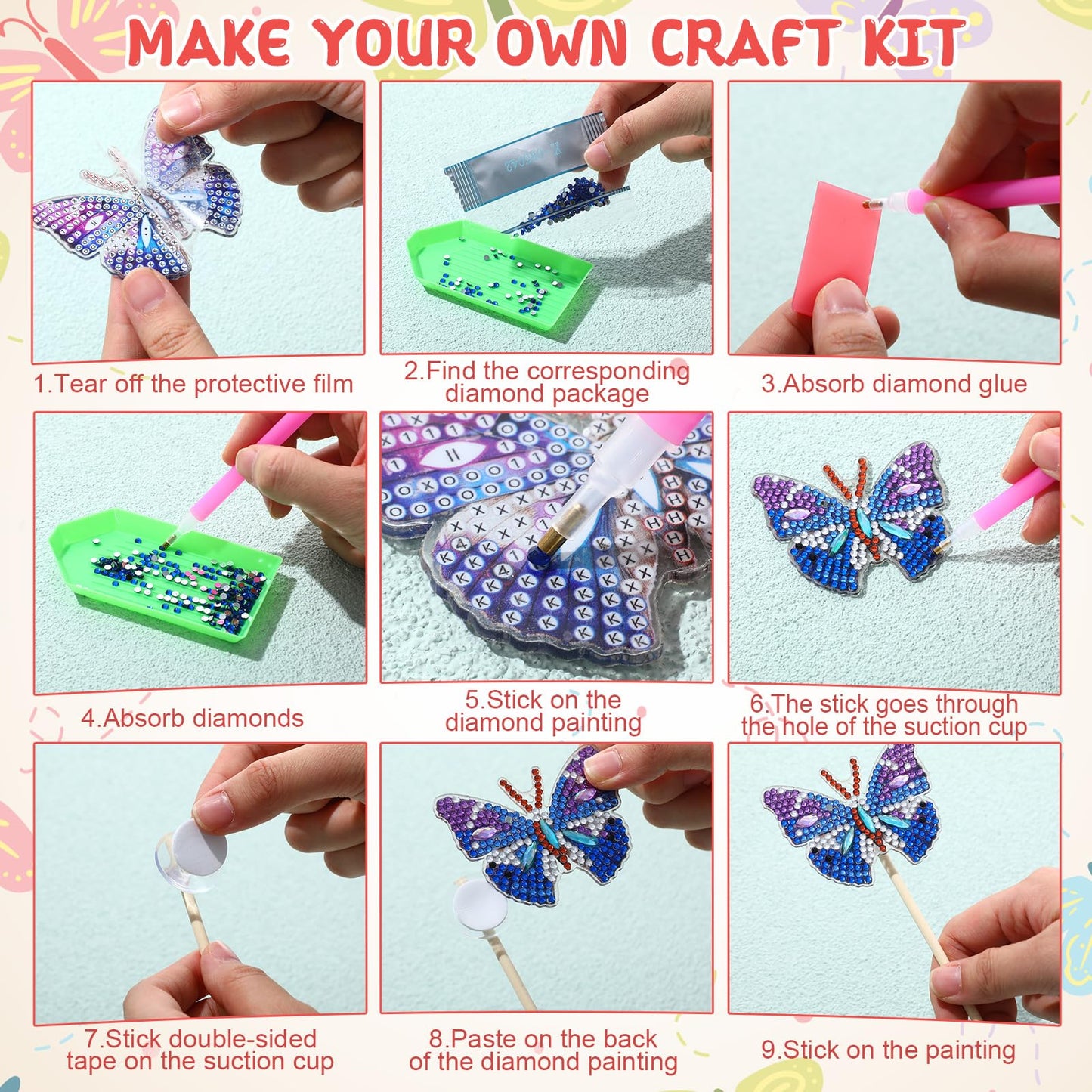 Fullhawl 16 Pcs Butterfly Flower Diamond Painting Kits 5d DIY Diamond Art Kits Garden Stakes Decor Craft with Metal and Wooden Swaying Sticks for Adults Indoor Outdoor Yard