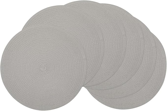 SHACOS Round Braided Placemats Set of 6 Thick Fabric Circle Grey Place Mats Woven Table Mats for Dining Tables 15 inch (Gray, 6)