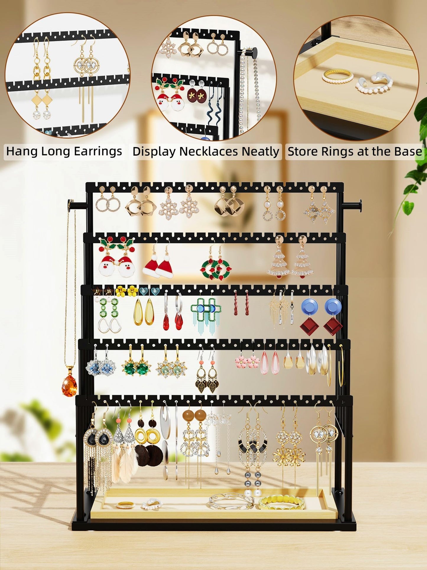 TIPSYTREE Earring Holder Organizer, 5-Tier Jewelry Display Stand with Matte Black Metal Frame and Wooden Tray, Large Earring Holder for Studs, Hoops, Dangles, Modern Jewelry Organizer for Women