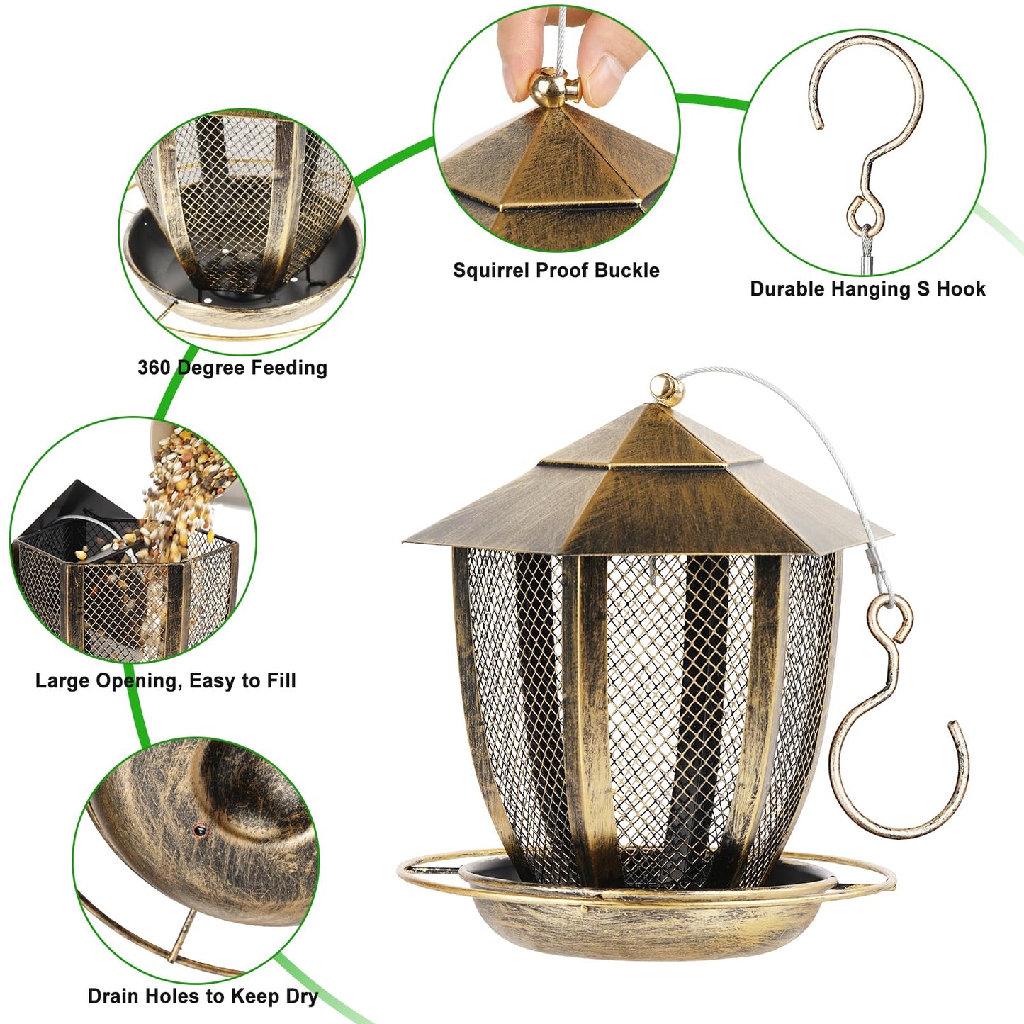 LBTING Bird Feeder for Outside, Hexagon Lantern-Shaped Metal Bird Feeder, Wild Bird Feeders for Hanging Outdoor Garden Yard