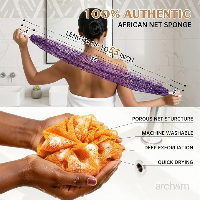 ARCH&M Authentic African Net Loofah Sponge | 53" Extra-Long Body Scrubber, For Women and Men, Exfoliating Bath Sponge, Travel Portable, Daily Use Body Care
