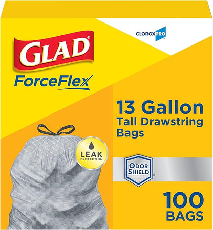 CloroxPro Glad ForceFlex 13 Gallon Tall Kitchen Drawstring Trash Bags, 100 Ct