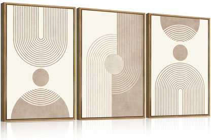 BINCUE Beige Neutral Canvas Wall Art Framed Geometric Abstract Wall Decor Mid Century Modern Artwork Wall Decor for Living Room Bedroom Office 16"x24" Set 3 Gift